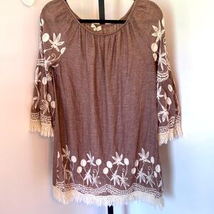 Indigo Soul Boho Dress M Medium Womens Cotton Brown Cream Embroidered Fringe